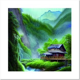 Digital Painting of a Beautiful Blue cottage Tree house near River and Greenery Mountains Posters and Art